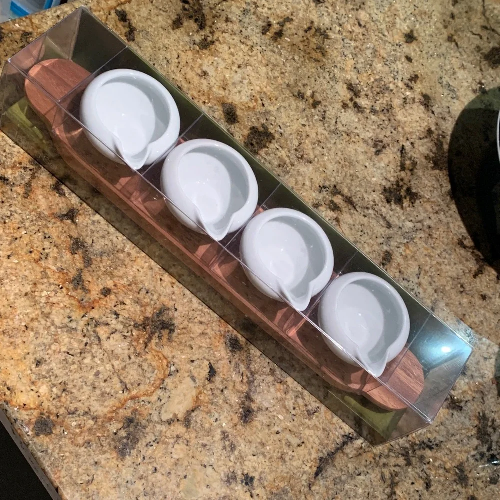 2003 Crate & Barrel Wooden Server W/ 4 White Porcelain Bowls Sagaform